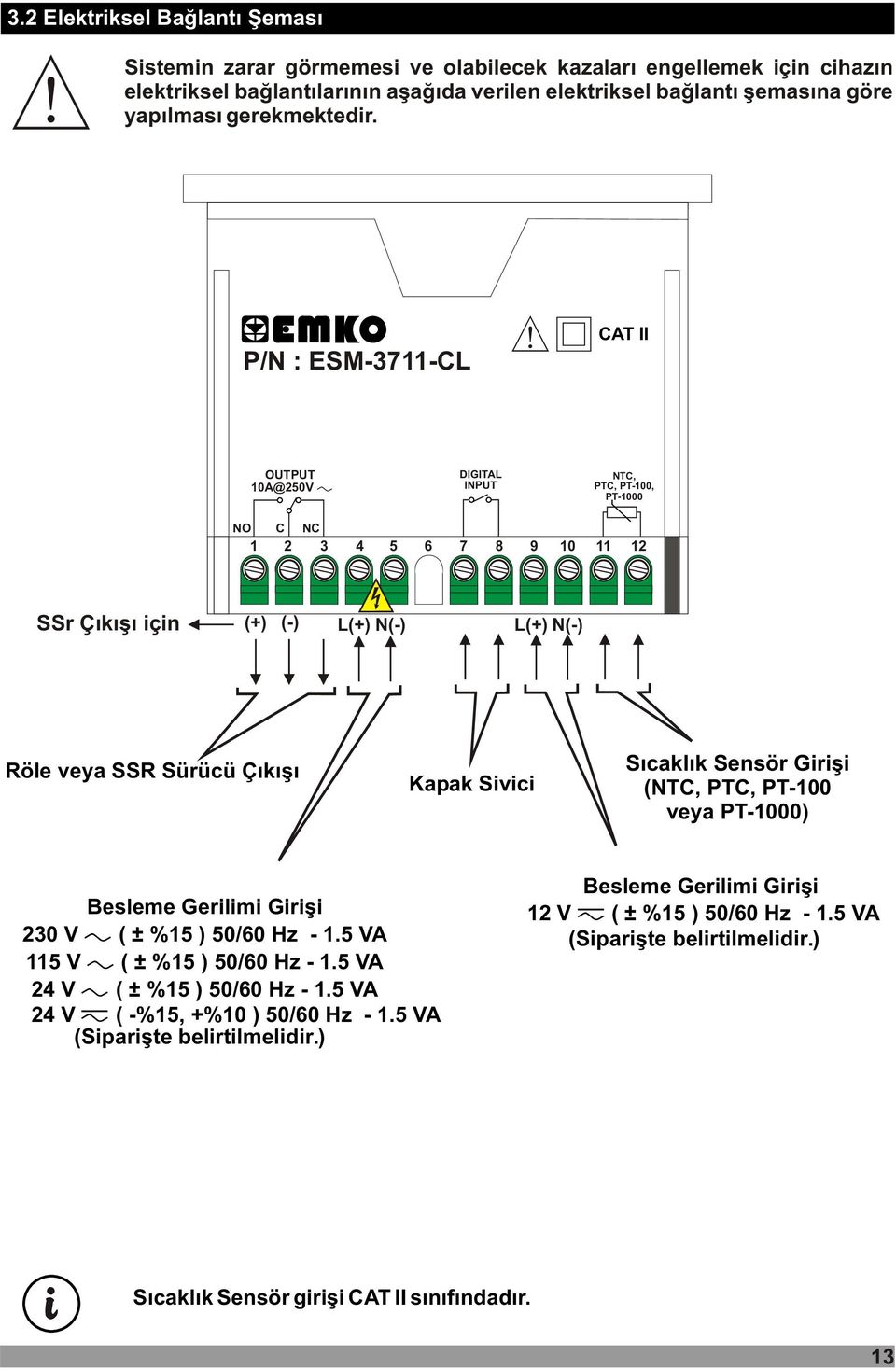 P/N : ESM-3711-CL CAT II OUTPUT 10A@250V DIGITAL INPUT NTC, PTC, PT-100, PT-1000 NO C NC 1 2 3 4 5 6 7 8 9 10 11 12 SSr Çýkýþý için (+) (-) L(+) N(-) L(+) N(-) Röle veya SSR Sürücü Çýkýþý Kapak