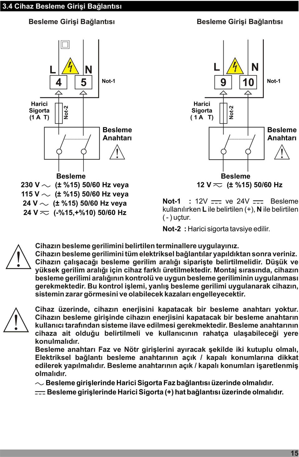 kullanýlýrken L ile belirtilen (+), N ile belirtilen ( - ) uçtur. Not-2 : Harici sigorta tavsiye edilir. Cihazýn besleme gerilimini belirtilen terminallere uygulayýnýz.