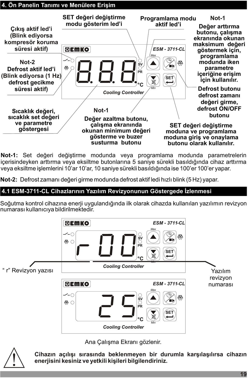 susturma butonu Programlama modu Not-1 aktif led i Deðer arttýrma butonu, çalýþma ekranýnda okunan maksimum deðeri ESM - 3711-CL göstermek için, programlama modunda iken parametre içeriðine eriþim