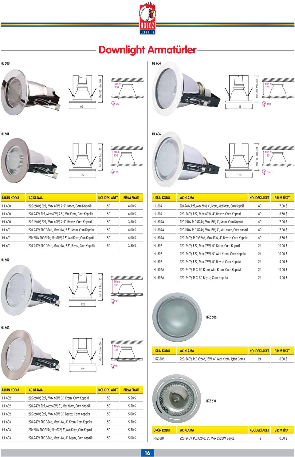 60 $ HL 601 220-240V, PLC G24d, Max 10W, 2.5, Krom, Cam Kapakl 50 4.00 $ HL 601 220-240V, PLC G24d, Max 10W, 2.5, Mat Krom, Cam Kapakl 50 4.00 $ HL 601 220-240V, PLC G24d, Max 10W, 2.5, Beyaz, Cam Kapakl 50 3.