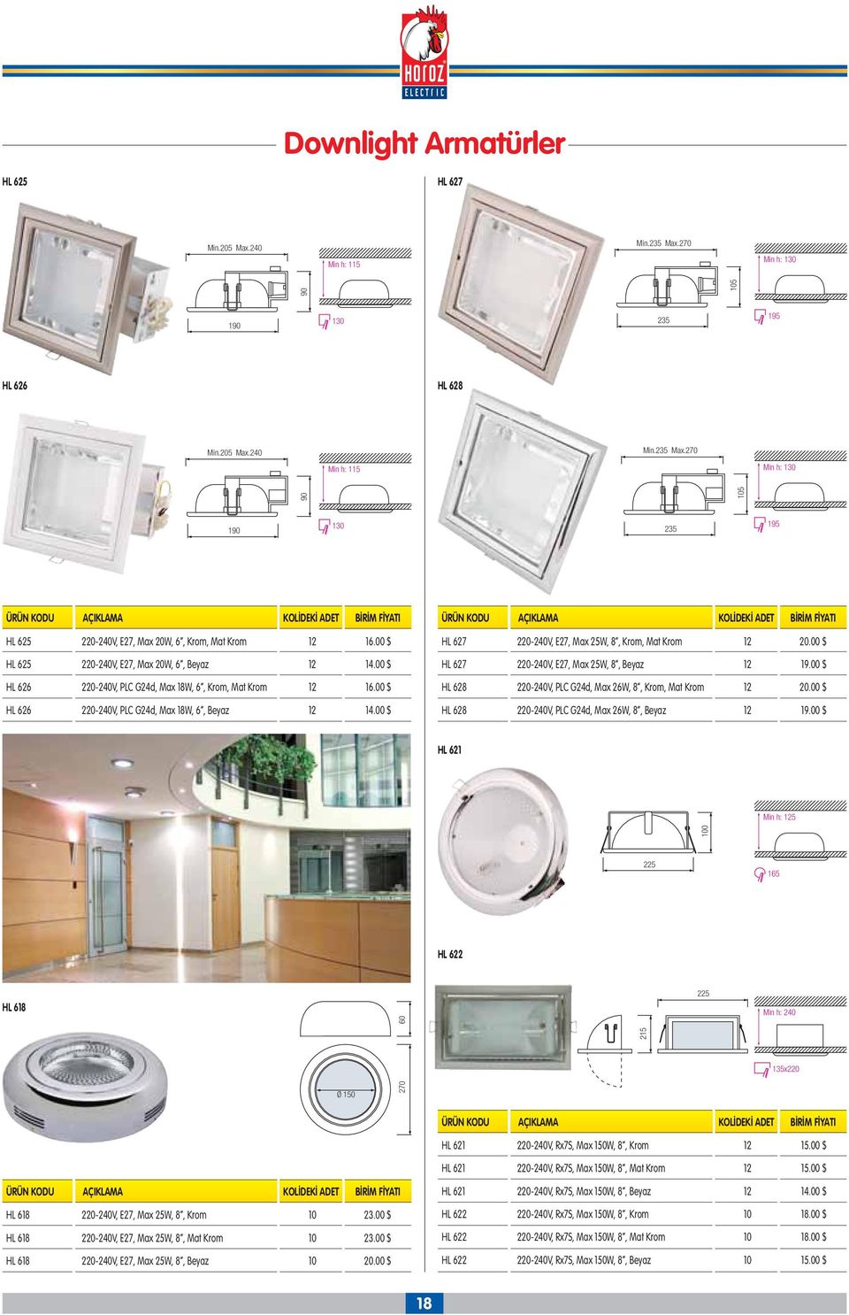 00 $ HL 627 220-240V, E27, Max 25W, 8, Krom, Mat Krom 12 20.00 $ HL 627 220-240V, E27, Max 25W, 8, Beyaz 12 19.00 $ HL 628 220-240V, PLC G24d, Max 26W, 8, Krom, Mat Krom 12 20.