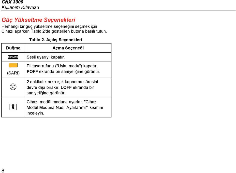 Açma Seçeneği Pil tasarrufunu ("Uyku modu") kapatır. POFF ekranda bir saniyeliğine görünür.