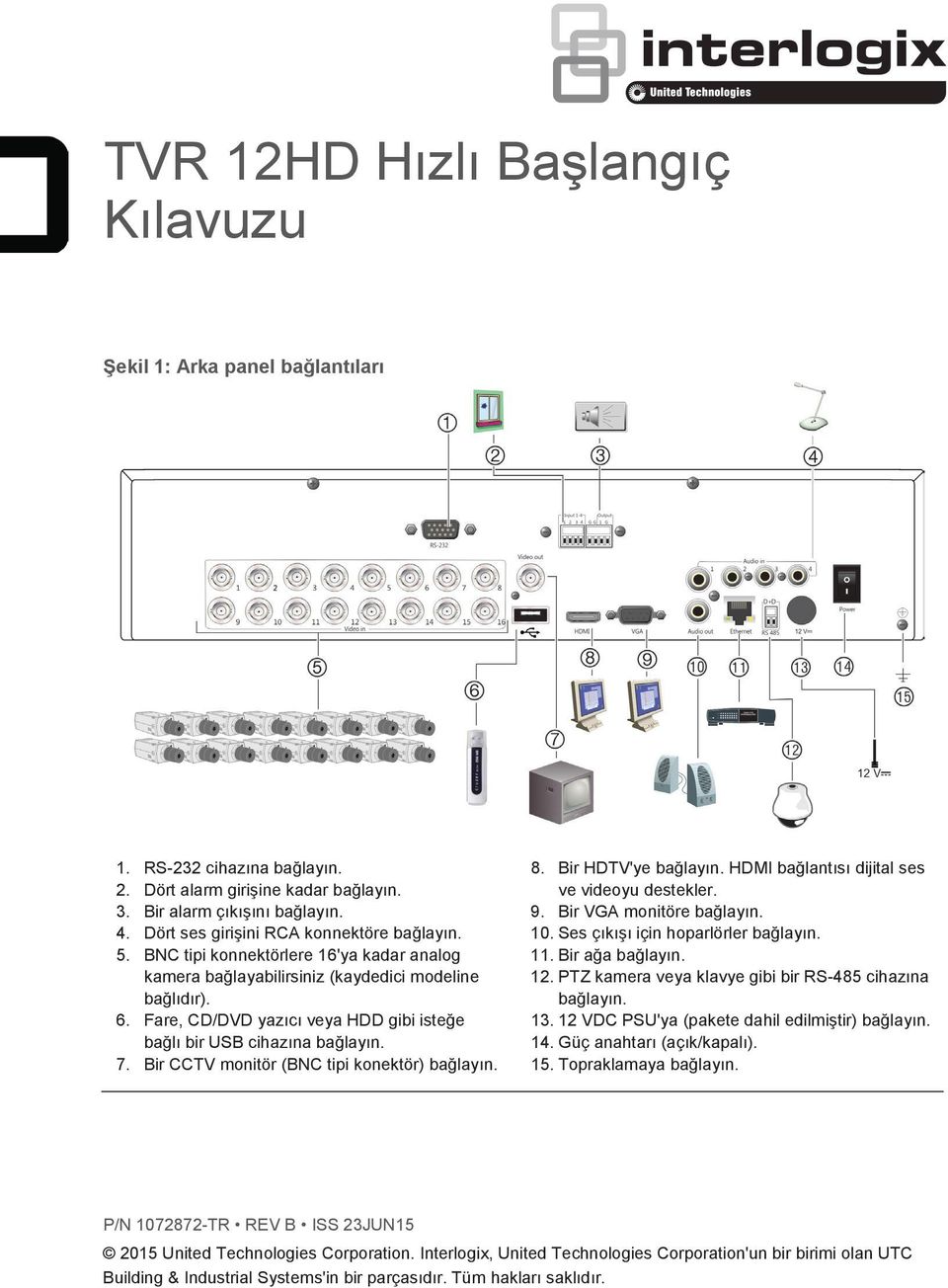 Fare, CD/DVD yazıcı veya HDD gibi isteğe bağlı bir USB cihazına bağlayın. 7. Bir CCTV monitör (BNC tipi konektör) bağlayın. 8. Bir HDTV'ye bağlayın. HDMI bağlantısı dijital ses ve videoyu destekler.