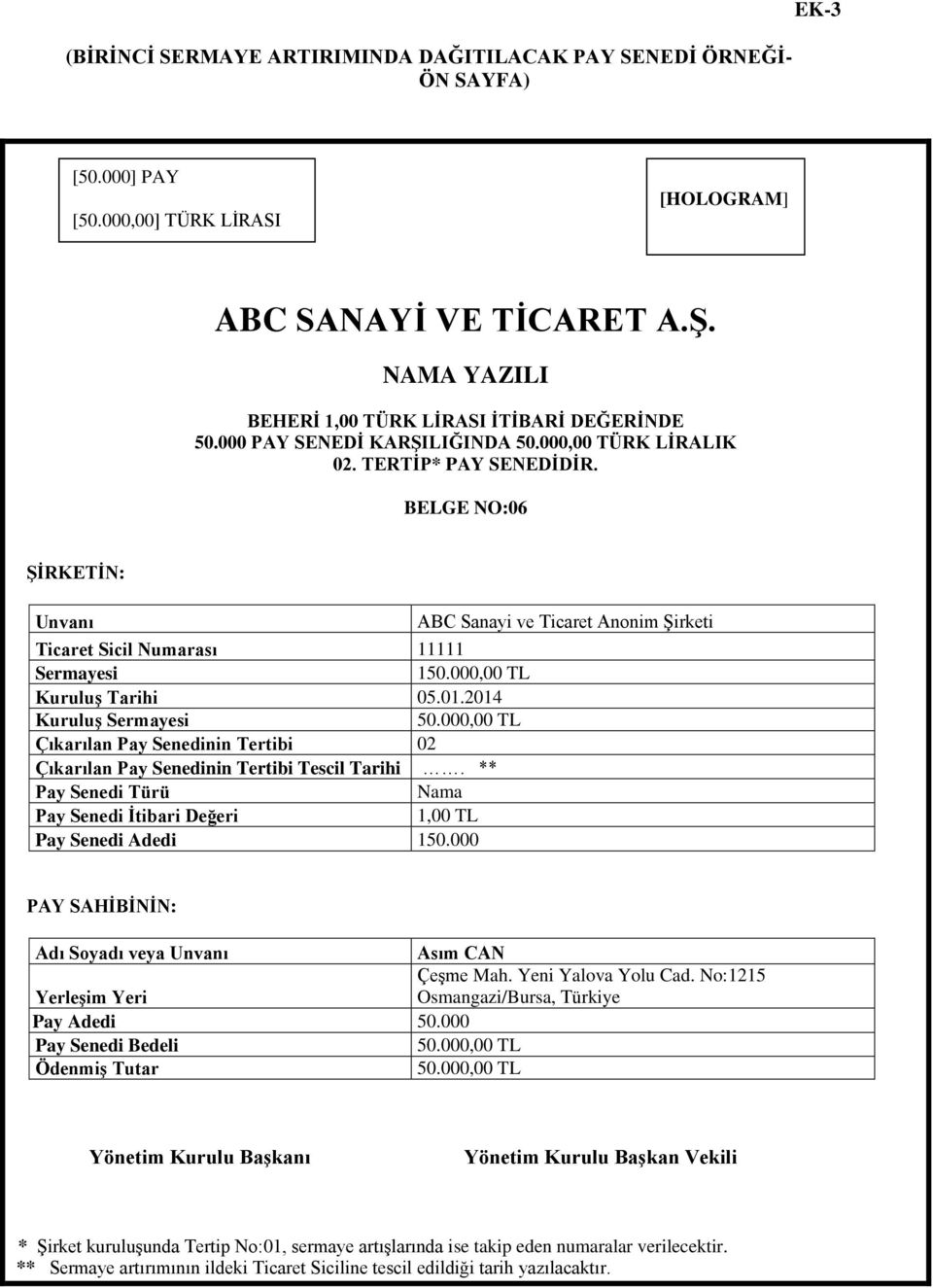 BELGE NO:06 ŞİRKETİN: Unvanı ABC Sanayi ve Ticaret Anonim Şirketi Ticaret Sicil Numarası 11111 Sermayesi 1 Kuruluş Tarihi 05.01.