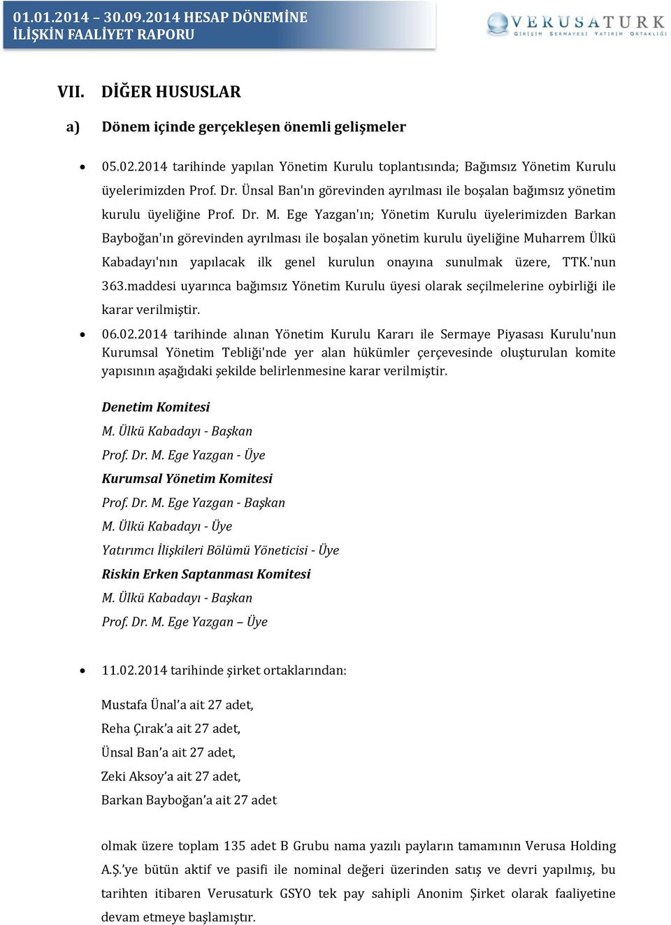 Ege Yazgan'ın; Yönetim Kurulu üyelerimizden Barkan Bayboğan'ın görevinden ayrılması ile boşalan yönetim kurulu üyeliğine Muharrem Ülkü Kabadayı'nın yapılacak ilk genel kurulun onayına sunulmak üzere,