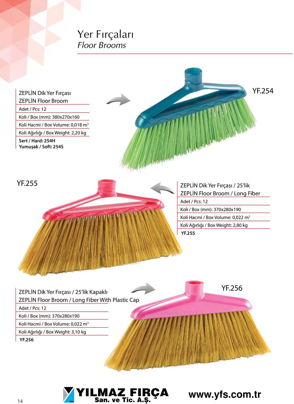 255 ZEPLİN Dik Yer Fırçası / 25 lik ZEPLİN Floor Broom / Long Fiber Koli / Box (mm): 370x280x190 Koli Hacmi / Box Volume: 0,022 m 3 Koli Ağırlığı /