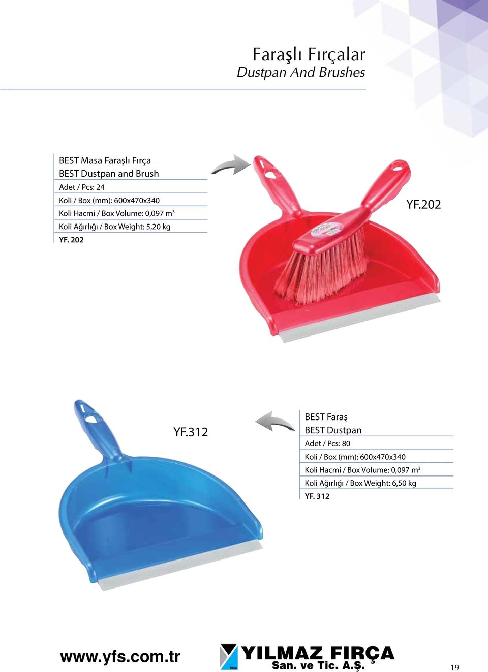 5,20 kg YF. 202 YF.202 YF.312 BEST Faraş BEST Dustpan Adet / Pcs: 80 Koli  6,50 kg YF.