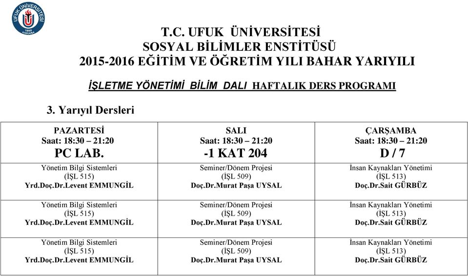 Dr.Murat Paşa UYSAL Seminer/Dönem Projesi (İŞL 509) Doç.Dr.Murat Paşa UYSAL Seminer/Dönem Projesi (İŞL 509) Doç.Dr.Murat Paşa UYSAL D / 7 İnsan Kaynakları Yönetimi (İŞL 513) Doç.