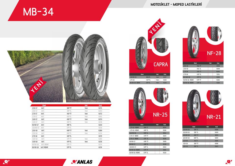 75-17 M/C 41P TT Yeni 6272 2.75-17 M/C 41P TL Yeni 6241 3.00-17 M/C 45P TT Yeni 6270 3.00-17 M/C 45P TL Yeni 6236 90/90-17 M/C 49P TL 6219 110/80-17 M/C 57P TL 6218 2.50-18 M/C 40P TT Yeni 6268 2.