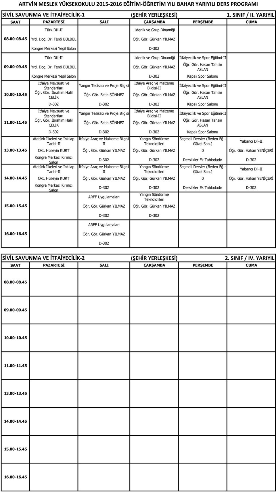 Gürkan YILMAZ Kongre Merkezi Yeşil Salon D-302 Kapalı Spor Salonu İtfaiye Mevzuatı ve Standartları Öğr. Gör. İbrahim Halil ÇELİK Yangın Tesisatı ve Proje Bilgisi Öğr. Gör. Fatin SÖNMEZ İtfaiye Araç ve Malzeme Bilgisi-II Öğr.