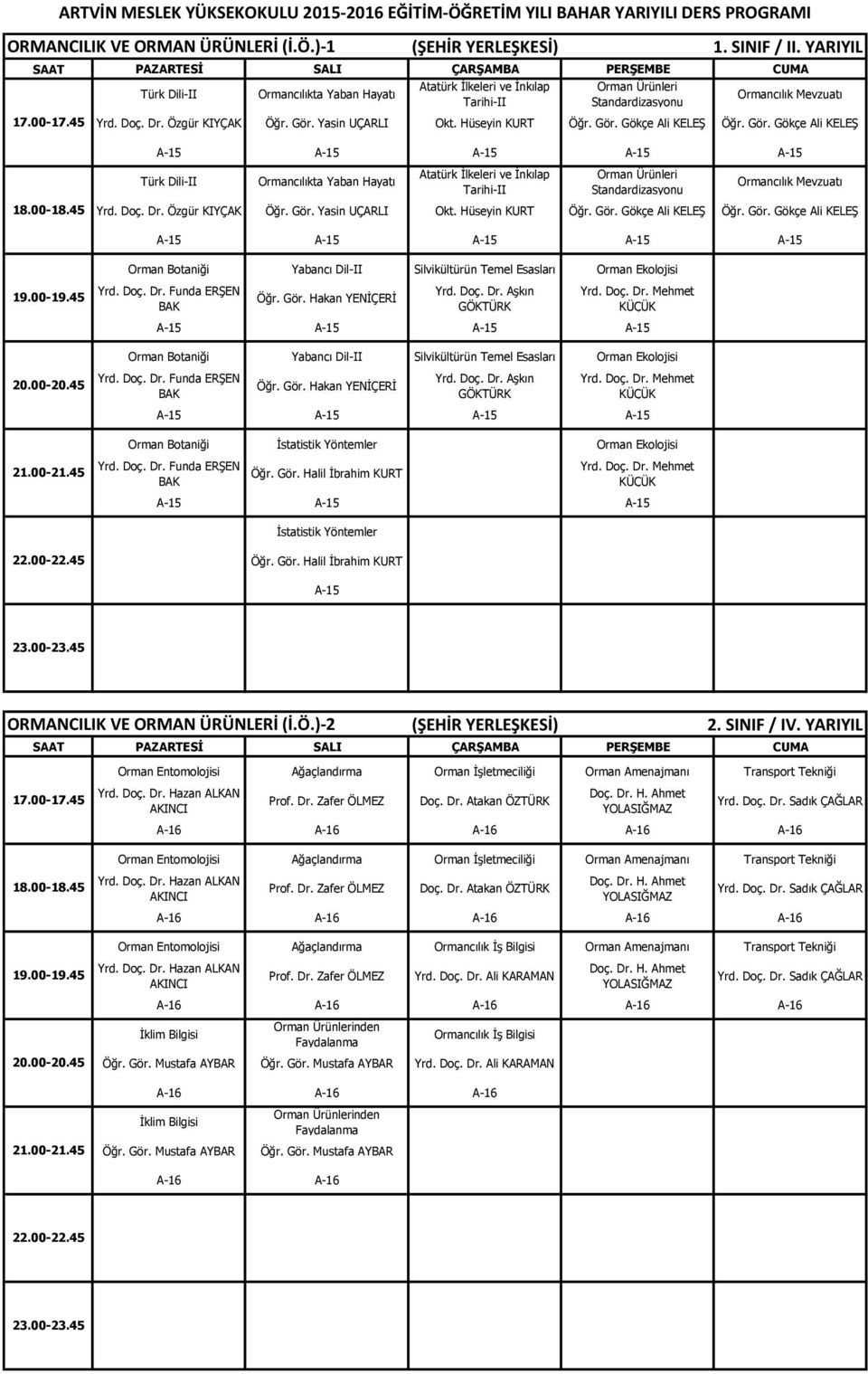 Gör. Gökçe Ali KELEŞ A-15 A-15 A-15 A-15 A-15 Orman Botaniği Silvikültürün Temel Esasları Orman Ekolojisi 19.00-19.45 Yrd. Doç. Dr. Funda ERŞEN BAK Öğr. Gör. Hakan YENİÇERİ Yrd. Doç. Dr. Aşkın GÖKTÜRK Yrd.