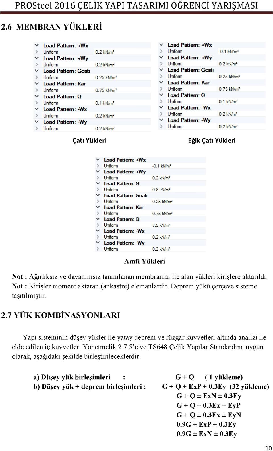 7 YÜK KOMBĠNASYONLARI Yapı sisteminin düşey yükler ile yatay deprem ve rüzgar kuvvetleri altında analizi ile elde edilen iç kuvvetler, Yönetmelik 2.7.5 e ve TS648 Çelik Yapılar Standardına uygun olarak, aşağıdaki şekilde birleştirileceklerdir.