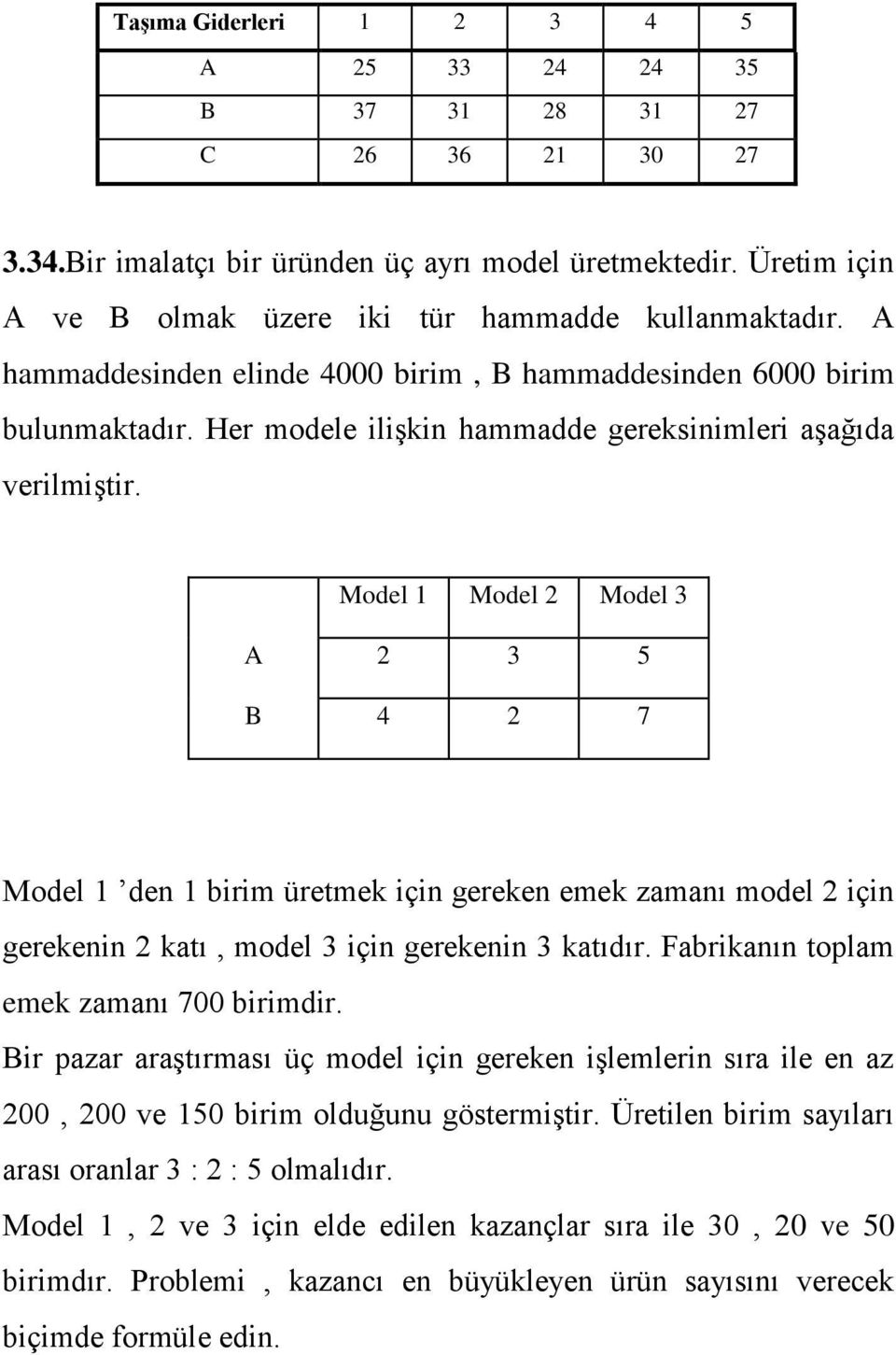 Model 1 Model 2 Model 3 A 2 3 5 B 4 2 7 Model 1 den 1 birim üretmek için gereken emek zamanı model 2 için gerekenin 2 katı, model 3 için gerekenin 3 katıdır.