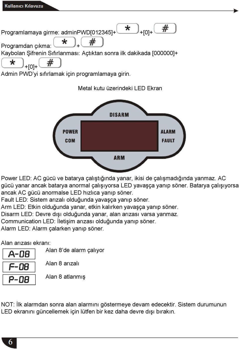 Batarya çalışıyorsa ancak AC gücü anormalse LED hızlıca yanıp söner. Fault LED: Sistem arızalı olduğunda yavaşça yanıp söner. Arm LED: Etkin olduğunda yanar, etkin kalırken yavaşça yanıp söner.