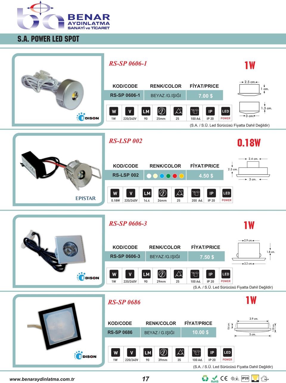 IP 20 POWER RS-SP 0606-3 1W RS-SP 0606-3 BEYAZ /G.IÞIÐI 7.50 $ 2.9 cm. 3.2 cm. 1.8 cm. 1W 220/240V 90 29mm 25 100 Ad. IP 20 POWER RS-SP 0686 (S.A. / S.Ü.