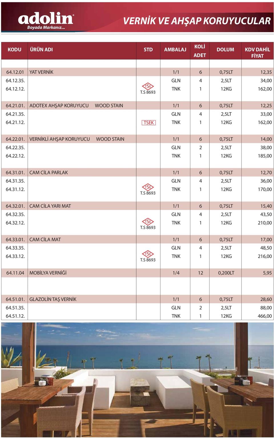 31.12. TNK 1 12KG 170,00 T.S 8693 64.32.01. CAM CİLA YARI MAT 1/1 6 0,75LT 15,40 64.32.35. GLN 4 2,5LT 43,50 64.32.12. TNK 1 12KG 210,00 T.S 8693 64.33.01. CAM CİLA MAT 1/1 6 0,75LT 17,00 64.33.35. GLN 4 2,5LT 48,50 64.