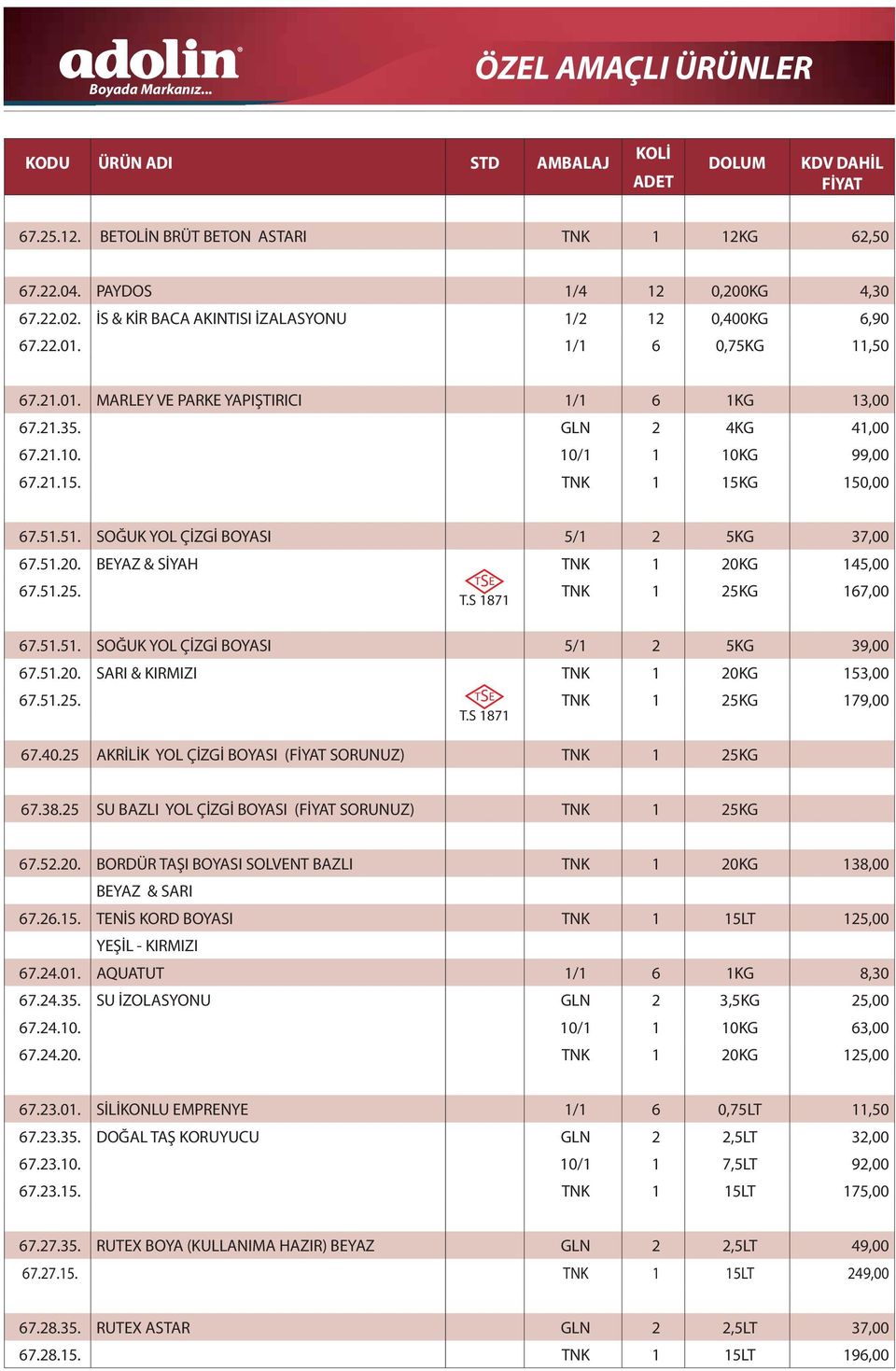 51. SOĞUK YOL ÇİZGİ BOYASI 5/1 2 5KG 37,00 67.51.20. BEYAZ & SİYAH TNK 1 20KG 145,00 67.51.25. TNK 1 25KG 167,00 T.S 1871 67.51.51. SOĞUK YOL ÇİZGİ BOYASI 5/1 2 5KG 39,00 67.51.20. SARI & KIRMIZI TNK 1 20KG 153,00 67.