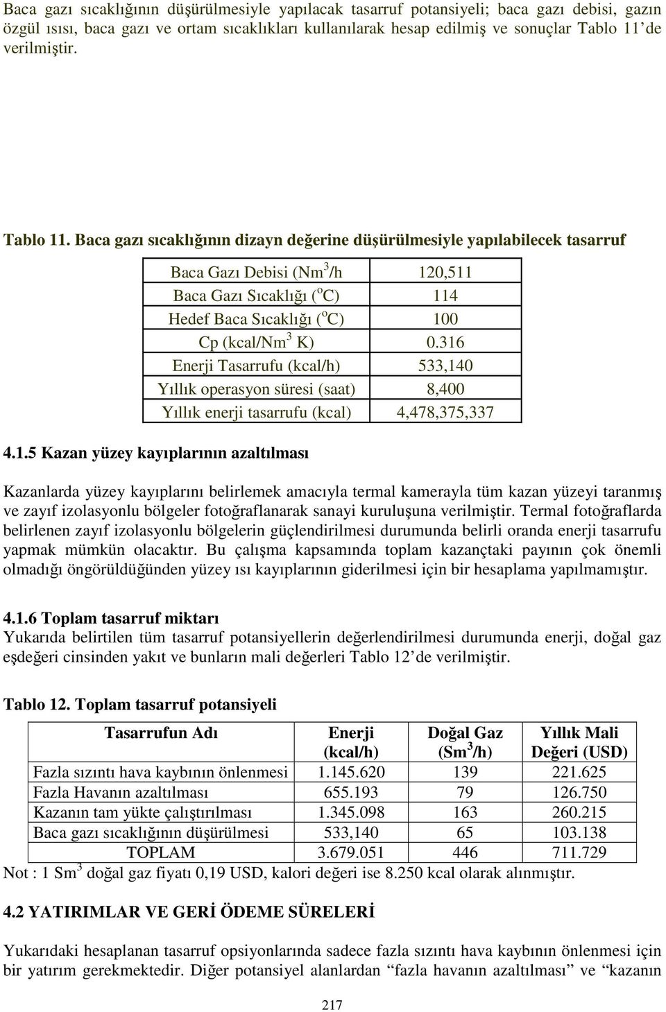 Baca gazı sıcaklığının dizayn değerine düşürülmesiyle yapılabilecek tasarruf Baca Gazı Debisi (Nm 3 /h 120,511 Baca Gazı Sıcaklığı ( o C) 114 Hedef Baca Sıcaklığı ( o C) 100 Cp (kcal/nm 3 K) 0.