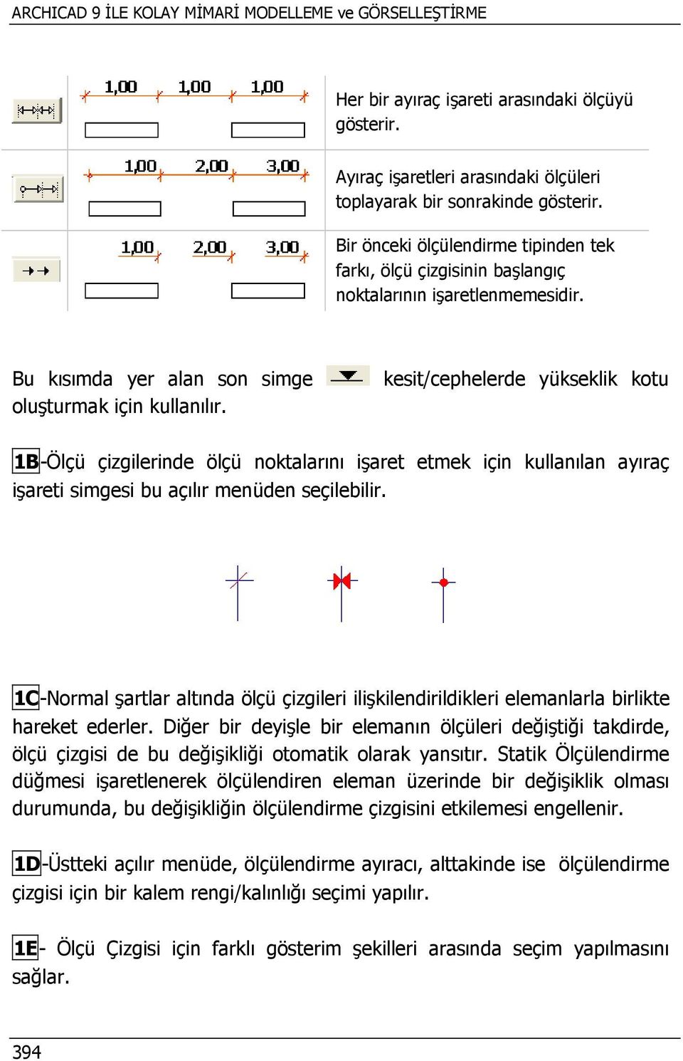 kesit/cephelerde yükseklik kotu 1B-Ölçü çizgilerinde ölçü noktalarını işaret etmek için kullanılan ayıraç işareti simgesi bu açılır menüden seçilebilir.