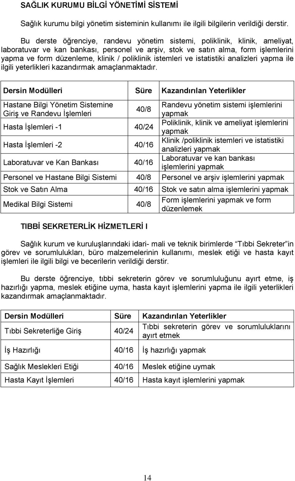 poliklinik istemleri ve istatistiki analizleri yapma ile ilgili yeterlikleri kazandırmak amaçlanmaktadır.