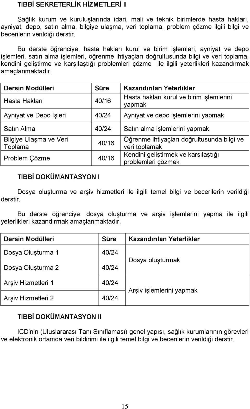 Bu derste öğrenciye, hasta hakları kurul ve birim işlemleri, ayniyat ve depo işlemleri, satın alma işlemleri, öğrenme ihtiyaçları doğrultusunda bilgi ve veri toplama, kendini geliştirme ve