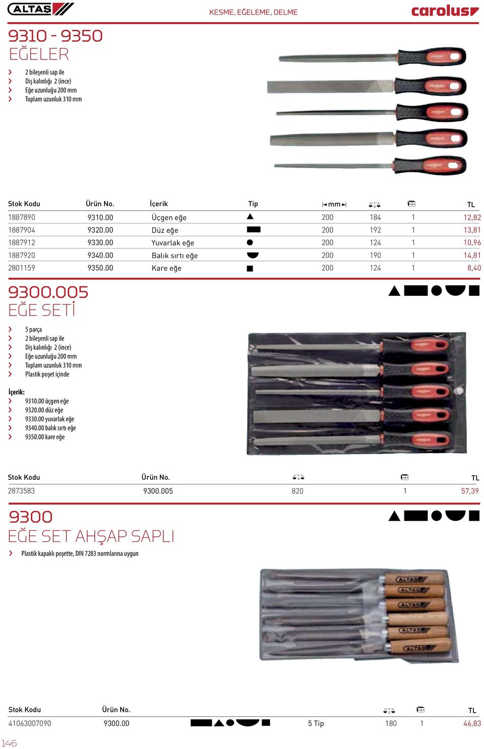 005 EĞE SETİ 5 parça 2 bileşenli sap ile Diş kalınlığı 2 (ince) Eğe uzunluğu 200 mm Toplam uzunluk 310 mm Plastik poşet içinde 9310.00 üçgen eğe 9320.00 düz eğe 9330.