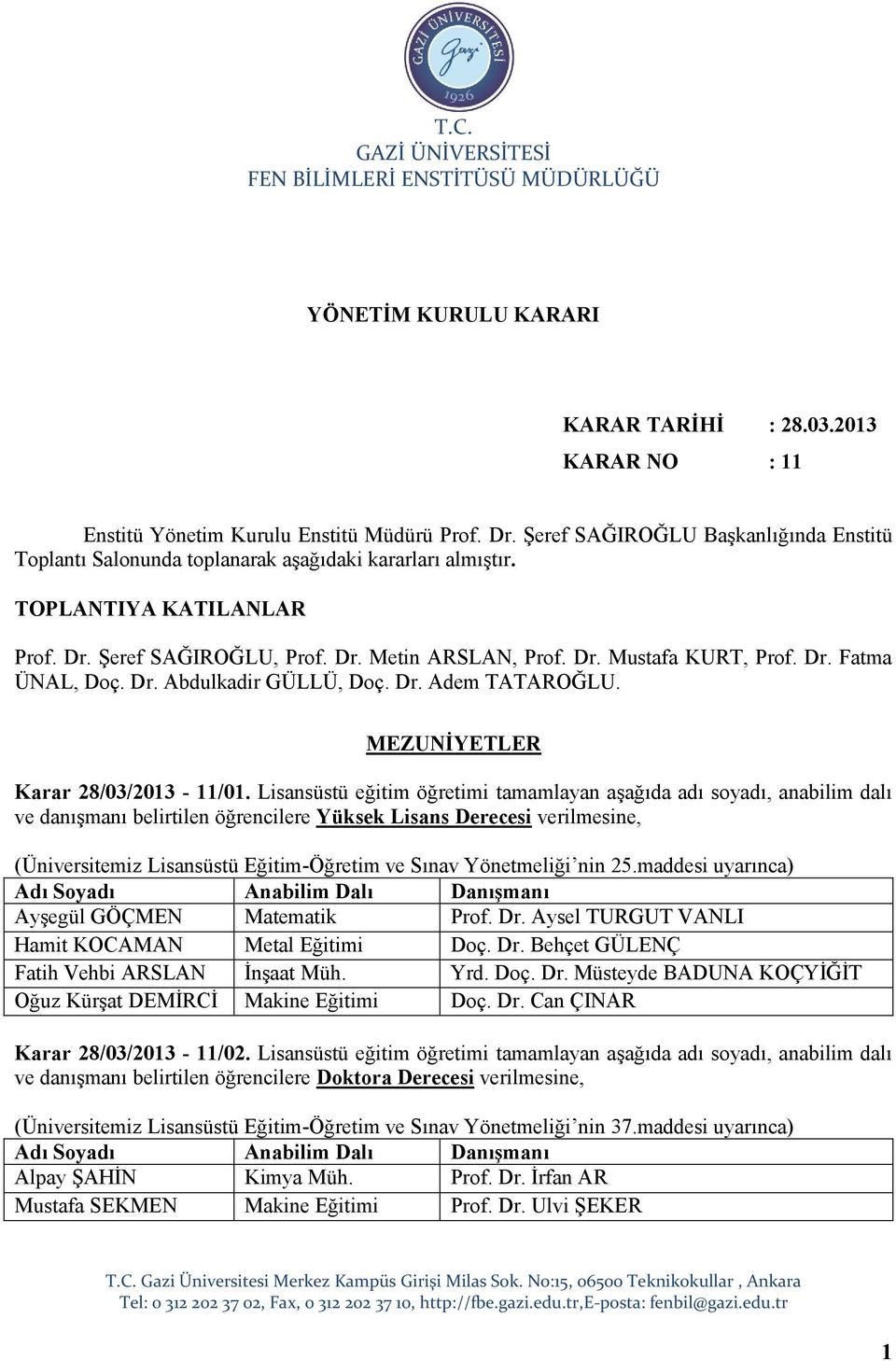Dr. Fatma ÜNAL, Doç. Dr. Abdulkadir GÜLLÜ, Doç. Dr. Adem TATAROĞLU. MEZUNİYETLER Karar 28/03/2013-11/01.