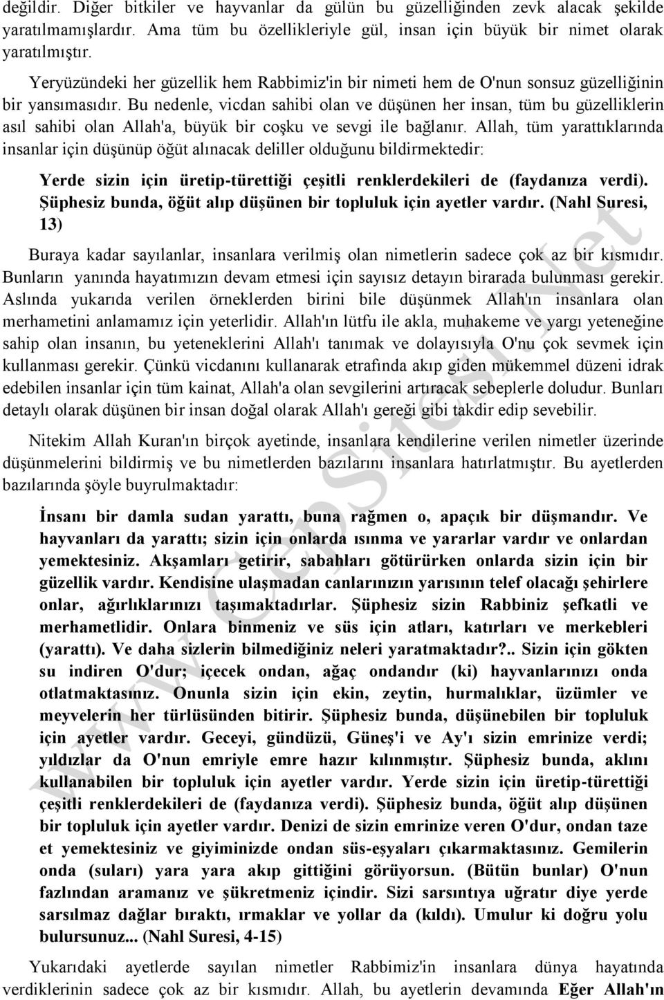 Bu nedenle, vicdan sahibi olan ve düşünen her insan, tüm bu güzelliklerin asıl sahibi olan Allah'a, büyük bir coşku ve sevgi ile bağlanır.