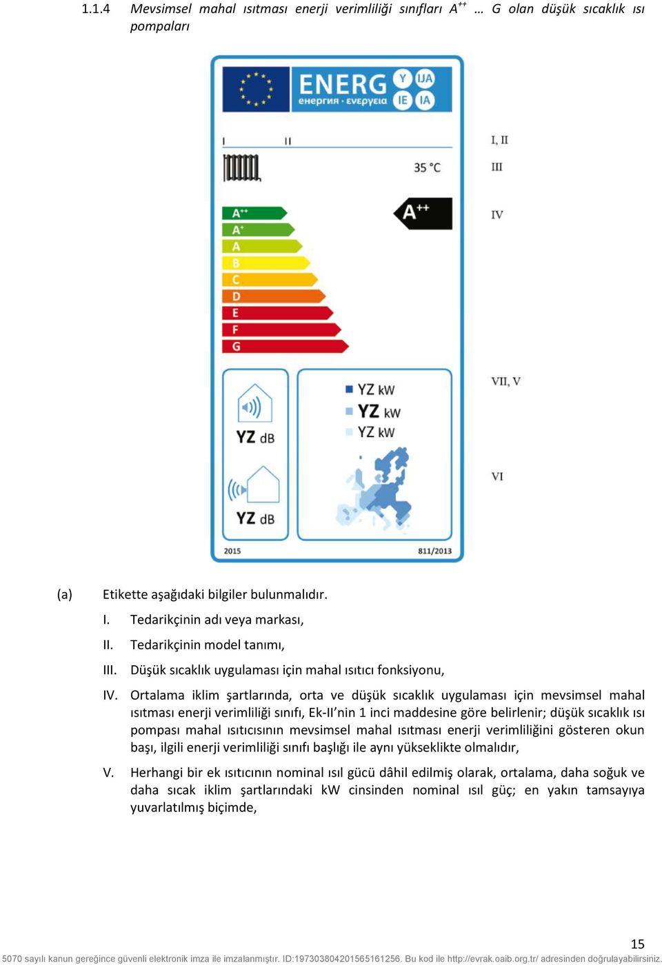 Ortalama iklim şartlarında, orta ve düşük sıcaklık uygulaması için mevsimsel mahal ısıtması enerji verimliliği sınıfı, Ek-II nin 1 inci maddesine göre belirlenir; düşük sıcaklık ısı pompası mahal