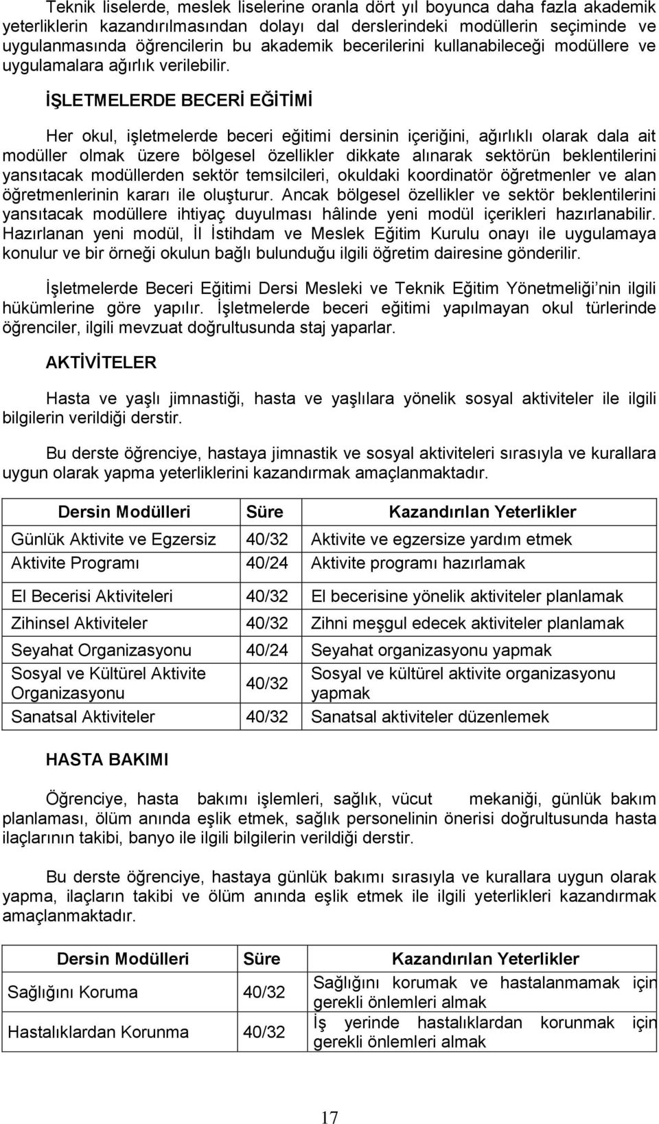 İŞLETMELERDE BECERİ EĞİTİMİ Her okul, işletmelerde beceri eğitimi dersinin içeriğini, ağırlıklı olarak dala ait modüller olmak üzere bölgesel özellikler dikkate alınarak sektörün beklentilerini