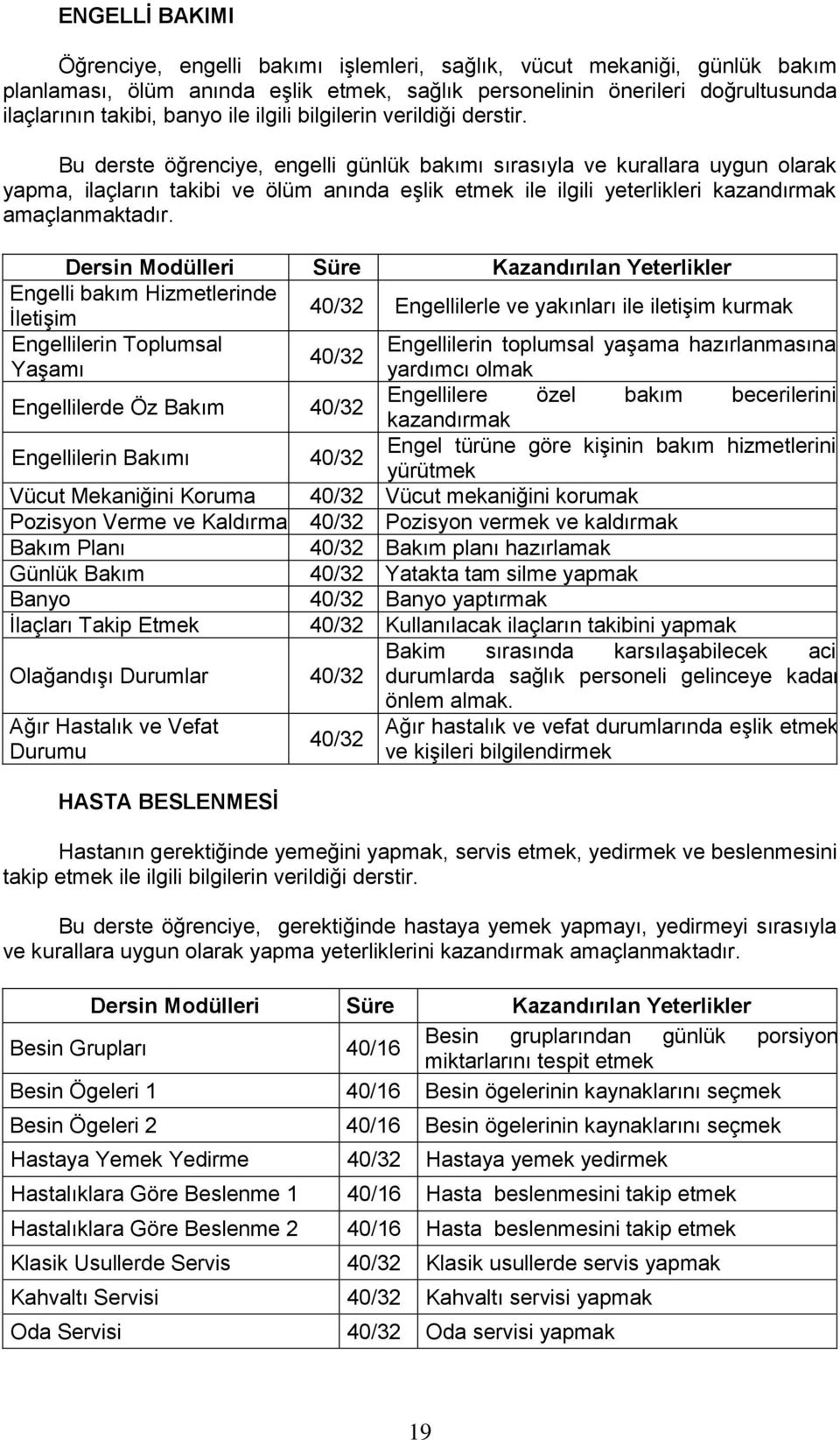 Bu derste öğrenciye, engelli günlük bakımı sırasıyla ve kurallara uygun olarak yapma, ilaçların takibi ve ölüm anında eşlik etmek ile ilgili yeterlikleri kazandırmak amaçlanmaktadır.