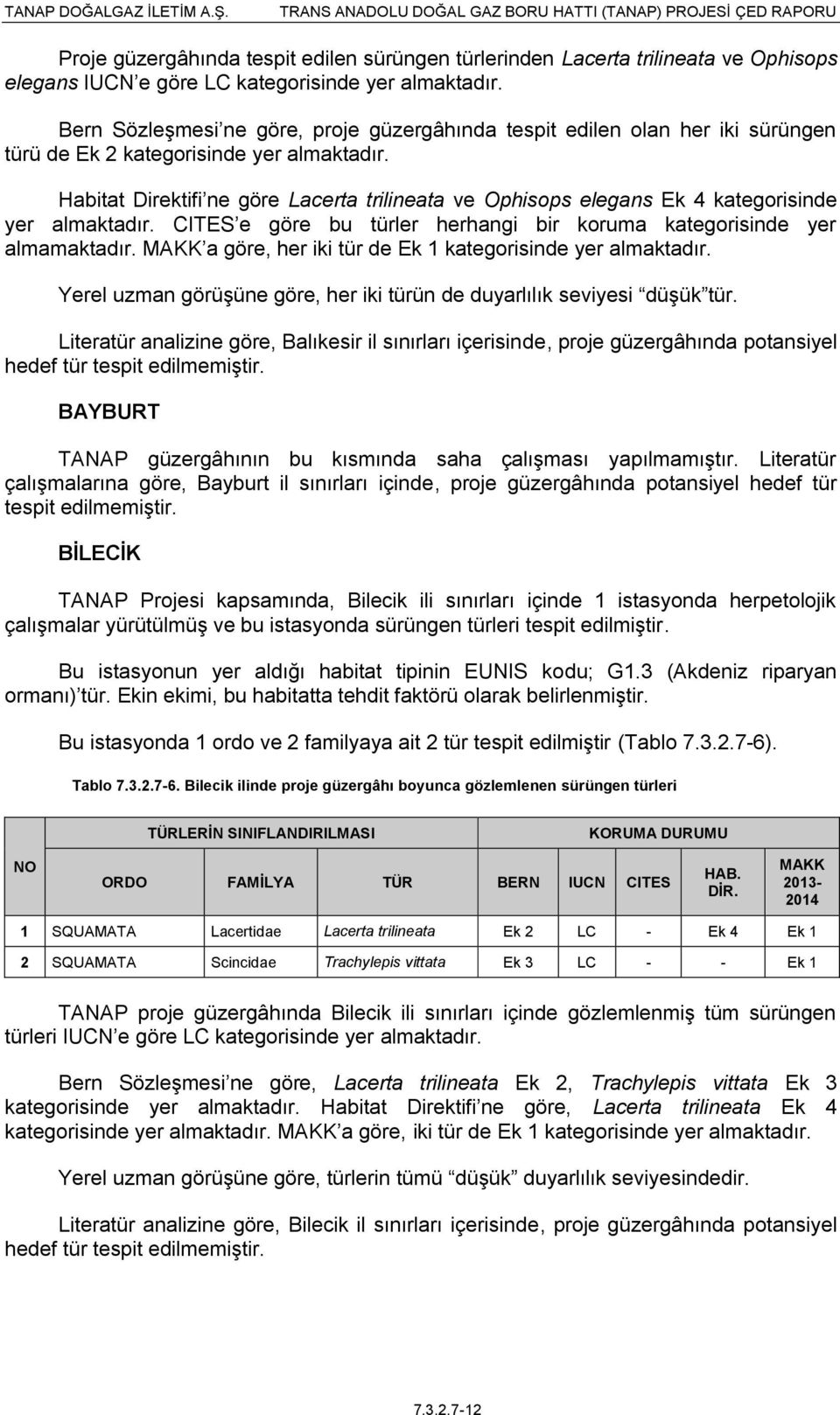 Habitat Direktifi ne göre Lacerta trilineata ve Ophisops elegans Ek 4 kategorisinde yer almaktadır. CITES e göre bu türler herhangi bir koruma kategorisinde yer almamaktadır.