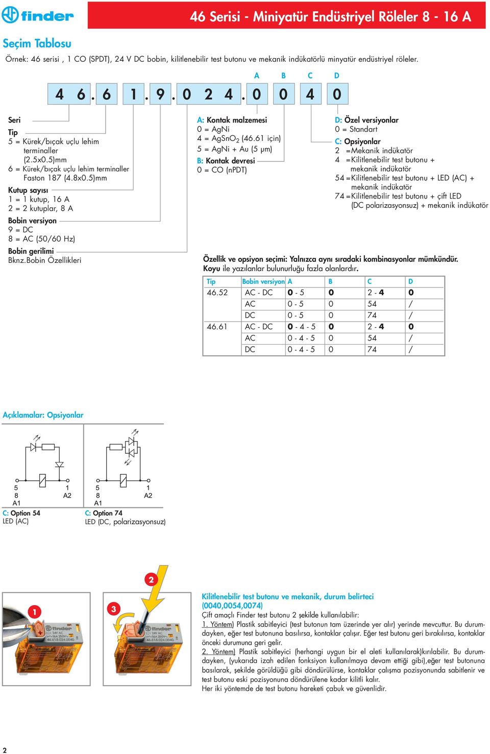 5)mm Kutup sayısı 1 = 1 kutup, 16 A 2 = 2 kutuplar, 8 A Bobin versiyon 9 = DC 8 = AC (50/60 Hz) Bobin gerilimi Bknz.Bobin Özellikleri A: Kontak malzemesi 0 = AgNi 4 = AgSnO 2 (46.