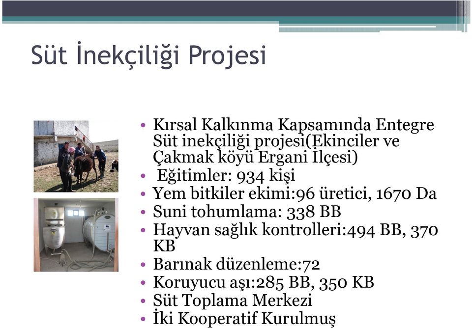 ekimi:96 üretici, 1670 Da Suni tohumlama: 338 BB Hayvan sağlık kontrolleri:494 BB,