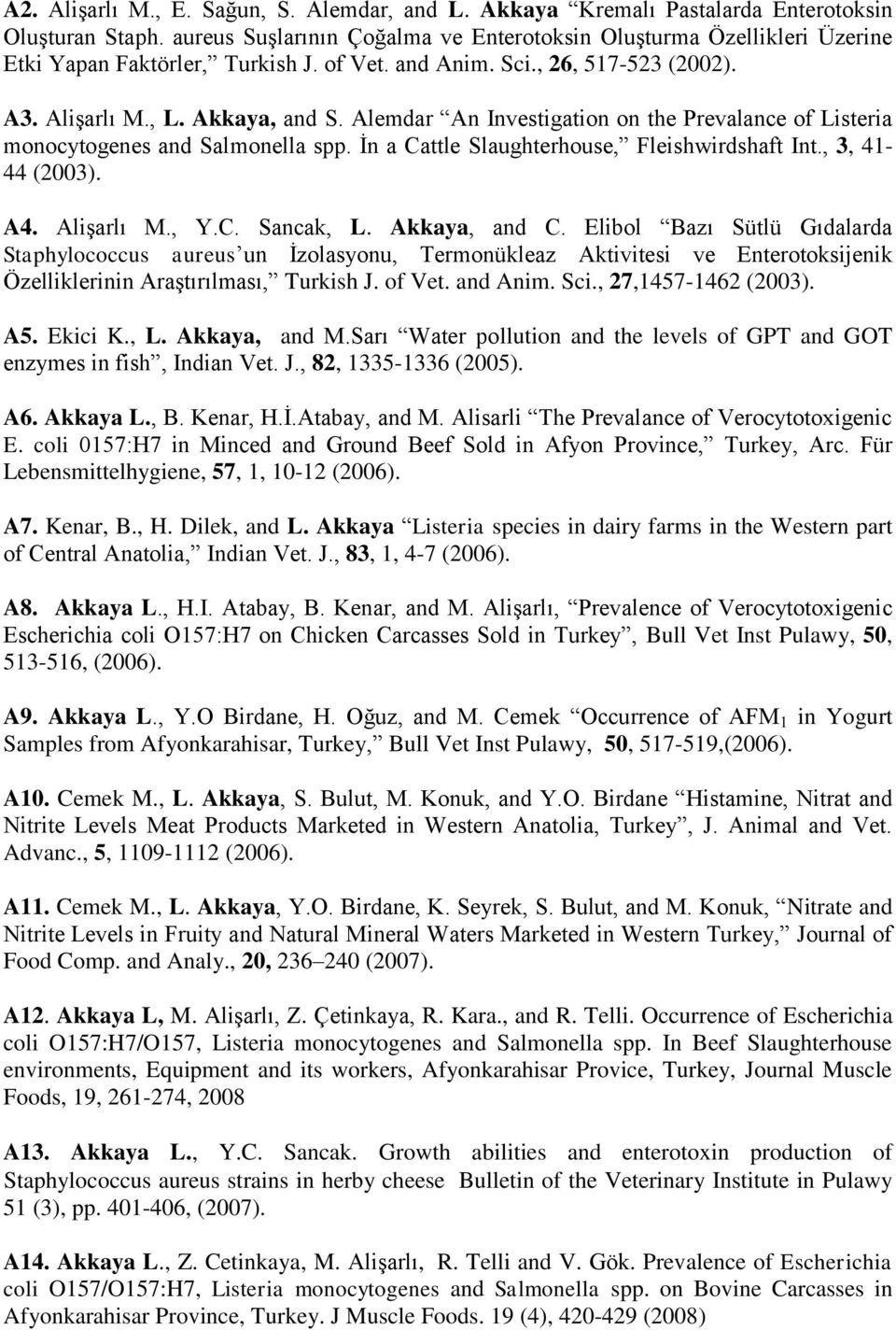 Alemdar An Investigation on the Prevalance of Listeria monocytogenes and Salmonella spp. İn a Cattle Slaughterhouse, Fleishwirdshaft Int., 3, 41-44 (2003). A4. Alişarlı M., Y.C. Sancak, L.