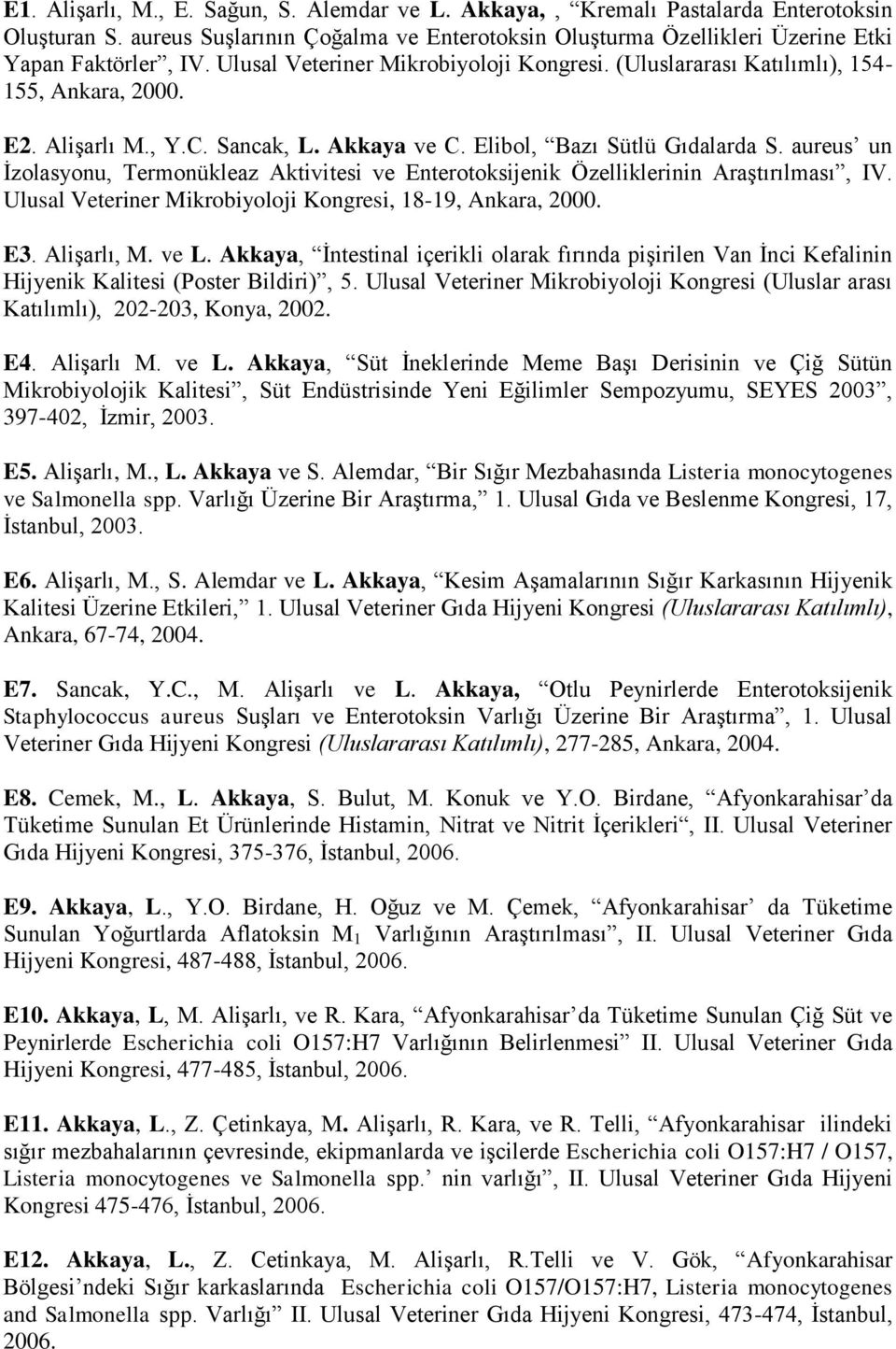 aureus un İzolasyonu, Termonükleaz Aktivitesi ve Enterotoksijenik Özelliklerinin Araştırılması, IV. Ulusal Veteriner Mikrobiyoloji Kongresi, 18-19, Ankara, 2000. E3. Alişarlı, M. ve L.