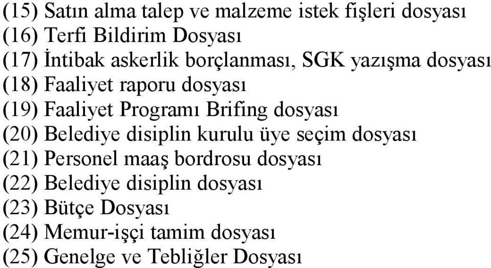 Brifing dosyası (20) Belediye disiplin kurulu üye seçim dosyası (21) Personel maaş bordrosu dosyası