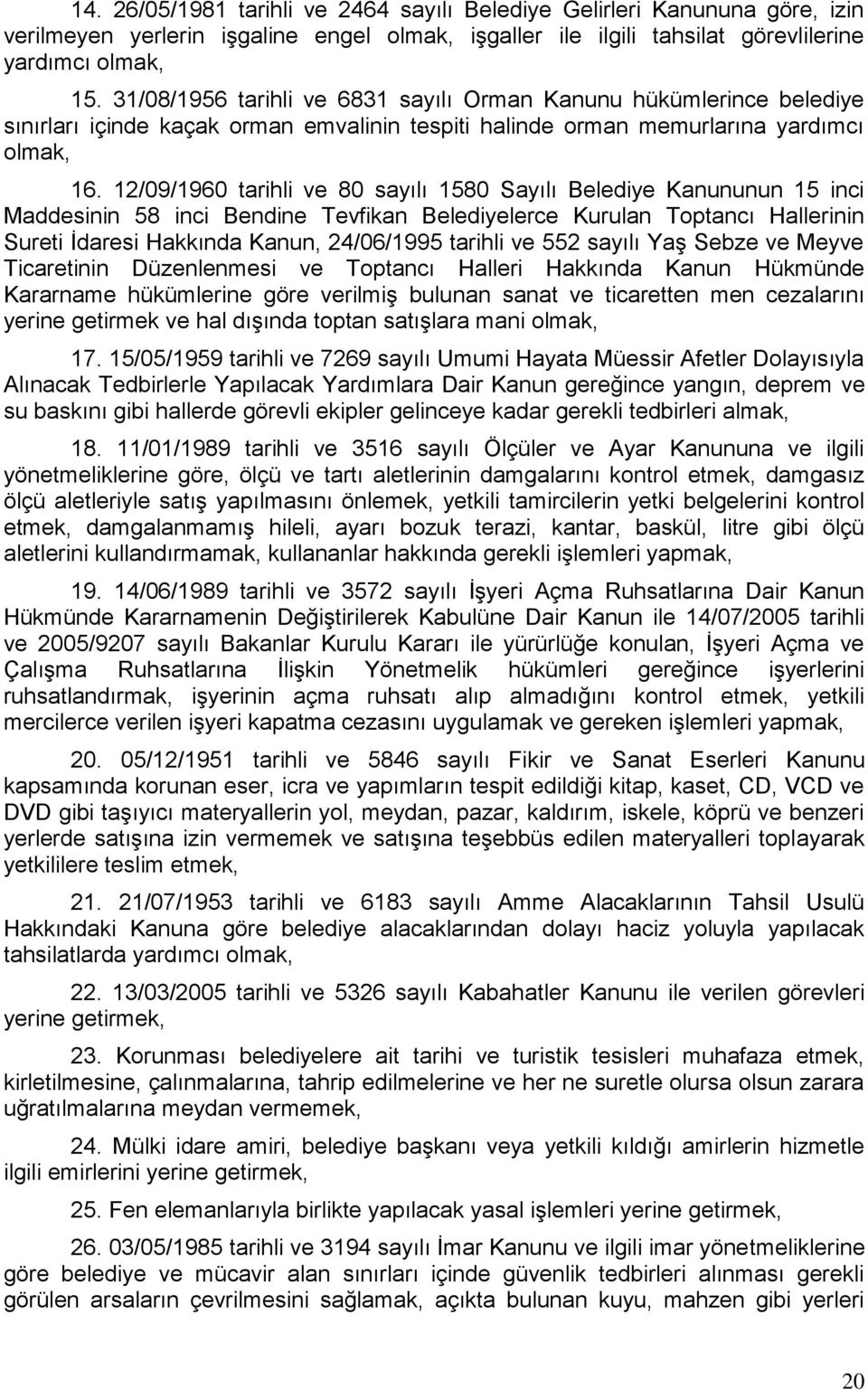 12/09/1960 tarihli ve 80 sayılı 1580 Sayılı Belediye Kanununun 15 inci Maddesinin 58 inci Bendine Tevfikan Belediyelerce Kurulan Toptancı Hallerinin Sureti İdaresi Hakkında Kanun, 24/06/1995 tarihli