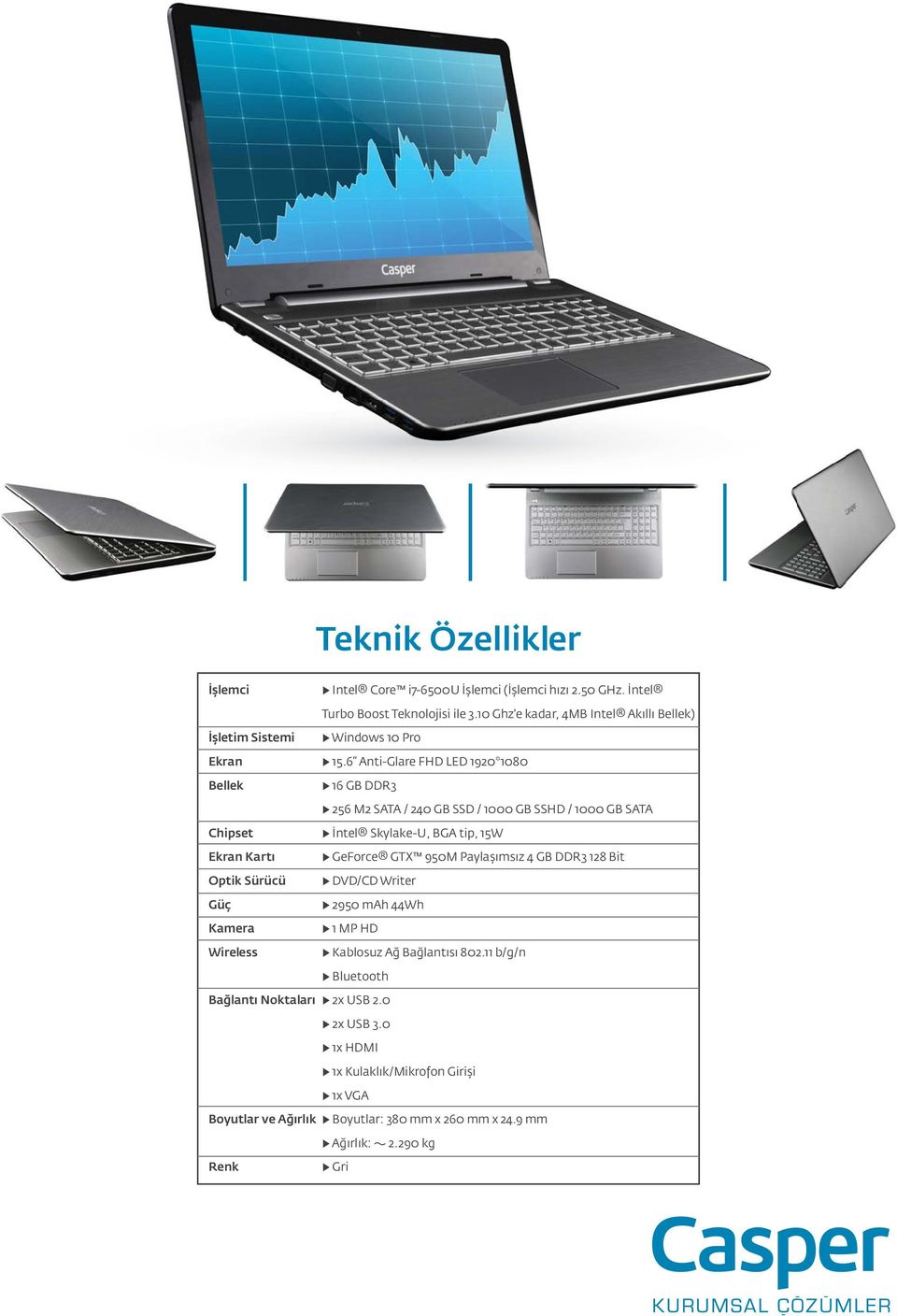 6 Anti-Glare FHD LED 1920*1080 Bellek 6 GB DDR3 56 M2 SATA / 240 GB SSD / 1000 GB SSHD / 1000 GB SATA İntel Skylake-U, BGA tip, 15W Ekran Kartı GeForce GTX 950M