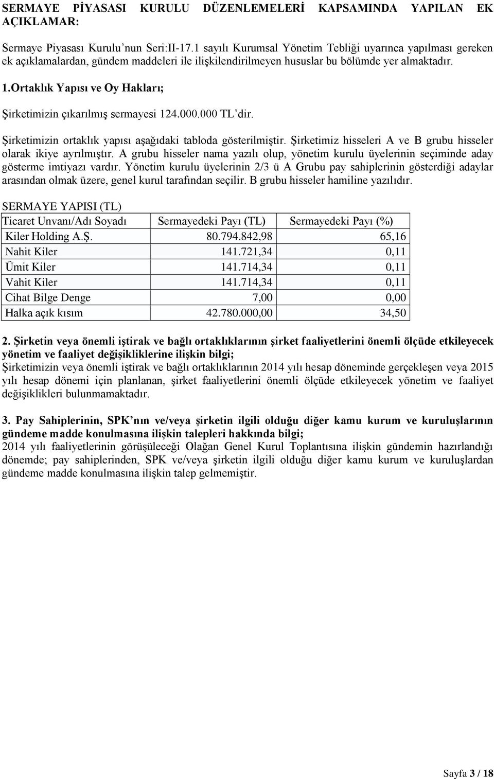 Ortaklık Yapısı ve Oy Hakları; Şirketimizin çıkarılmış sermayesi 124.000.000 TL dir. Şirketimizin ortaklık yapısı aşağıdaki tabloda gösterilmiştir.