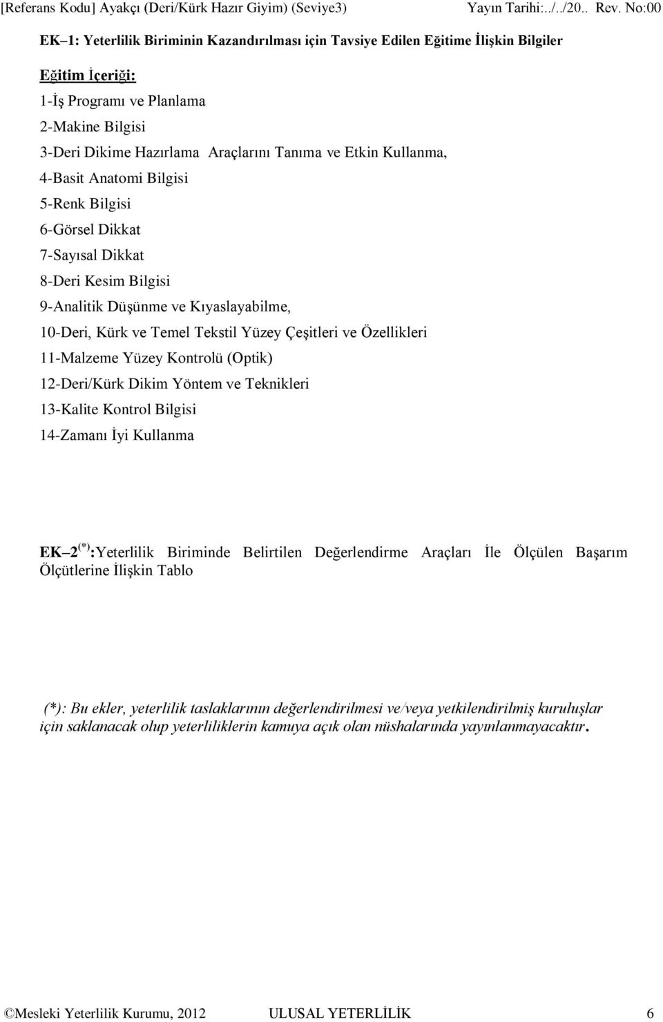 Özellikleri 11-Malzeme Yüzey Kontrolü (Optik) 12-Deri/Kürk Dikim Yöntem ve Teknikleri 13-Kalite Kontrol Bilgisi 14-Zamanı İyi Kullanma EK 2 (*) :Yeterlilik Biriminde Belirtilen Değerlendirme Araçları