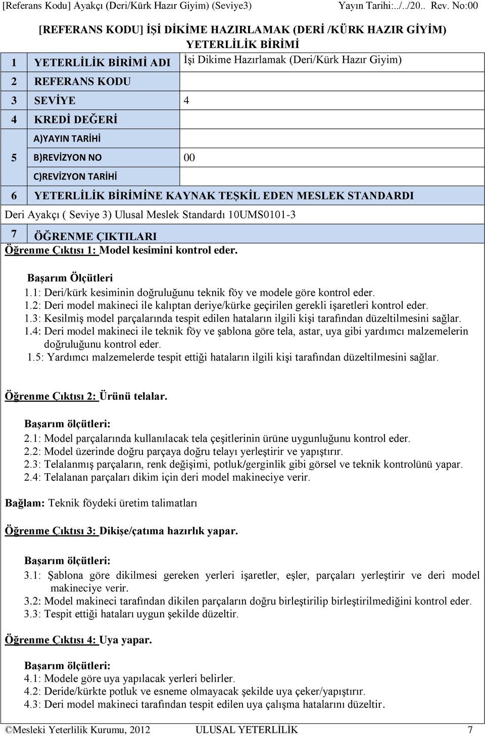 Çıktısı 1: Model kesimini kontrol eder. Başarım Ölçütleri 1.1: Deri/kürk kesiminin doğruluğunu teknik föy ve modele göre kontrol eder. 1.2: Deri model makineci ile kalıptan deriye/kürke geçirilen gerekli işaretleri kontrol eder.