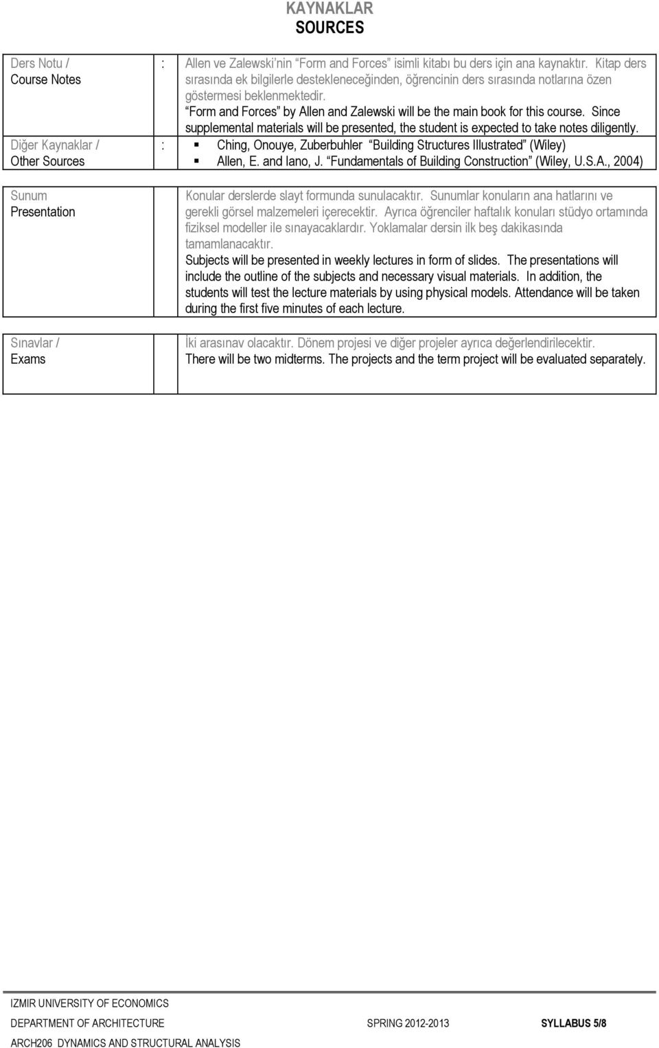 Since supplemental materials will be presented, the student is expected to take notes diligently. : Ching, Onouye, Zuberbuhler Building Structures Illustrated (Wiley) Allen, E. and Iano, J.