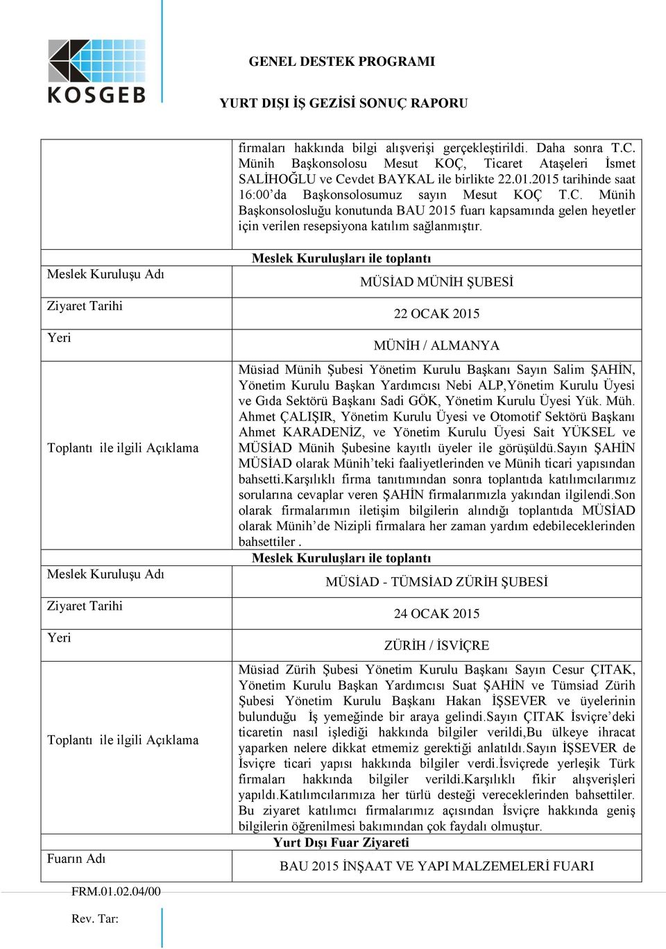 Meslek KuruluĢu Adı Ziyaret Tarihi Yeri Toplantı ile ilgili Açıklama Meslek KuruluĢu Adı Ziyaret Tarihi Yeri Toplantı ile ilgili Açıklama Fuarın Adı Meslek Kuruluşları ile toplantı MÜSĠAD MÜNĠH