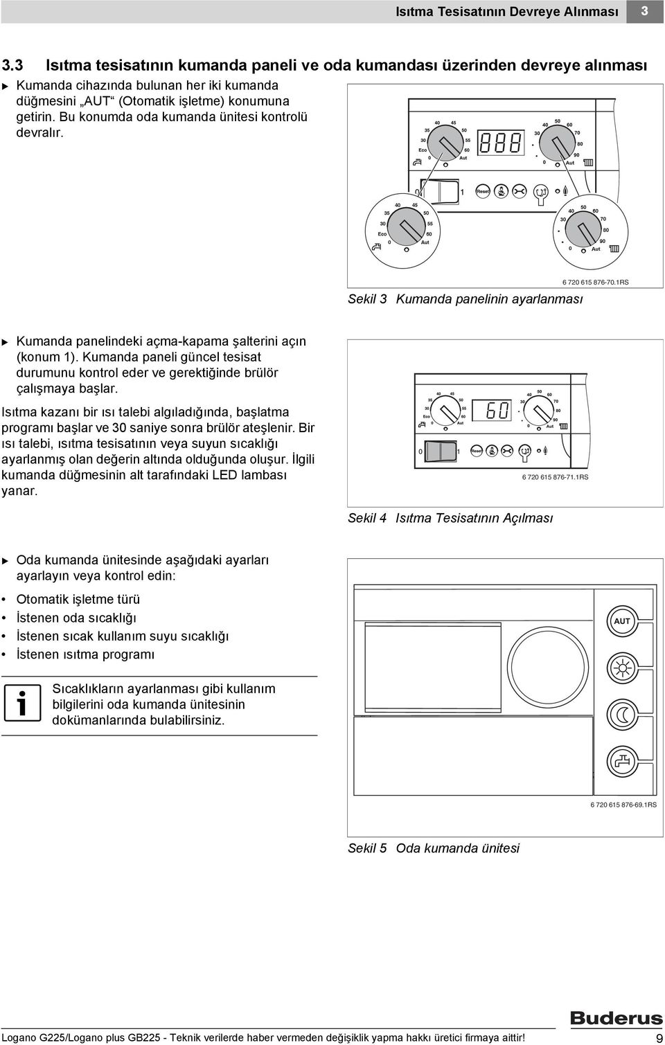 Bu konumda oda kumanda ünitesi kontrolü devralır. Sekil 3 Kumanda panelinin ayarlanması 6 720 615 876-70.1RS B Kumanda panelindeki açma-kapama şalterini açın (konum 1).