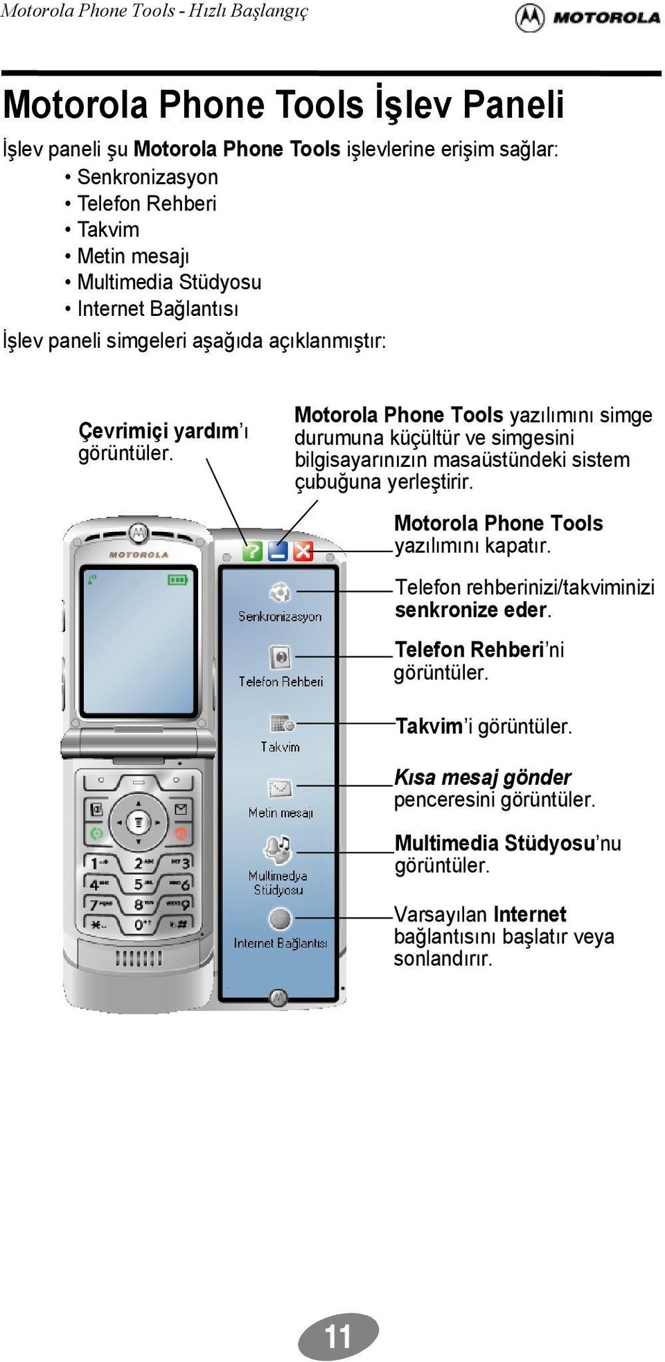 Motorola Phone Tools yazılımını simge durumuna küçültür ve simgesini bilgisayarınızın masaüstündeki sistem çubuğuna yerleştirir. Motorola Phone Tools yazılımını kapatır.