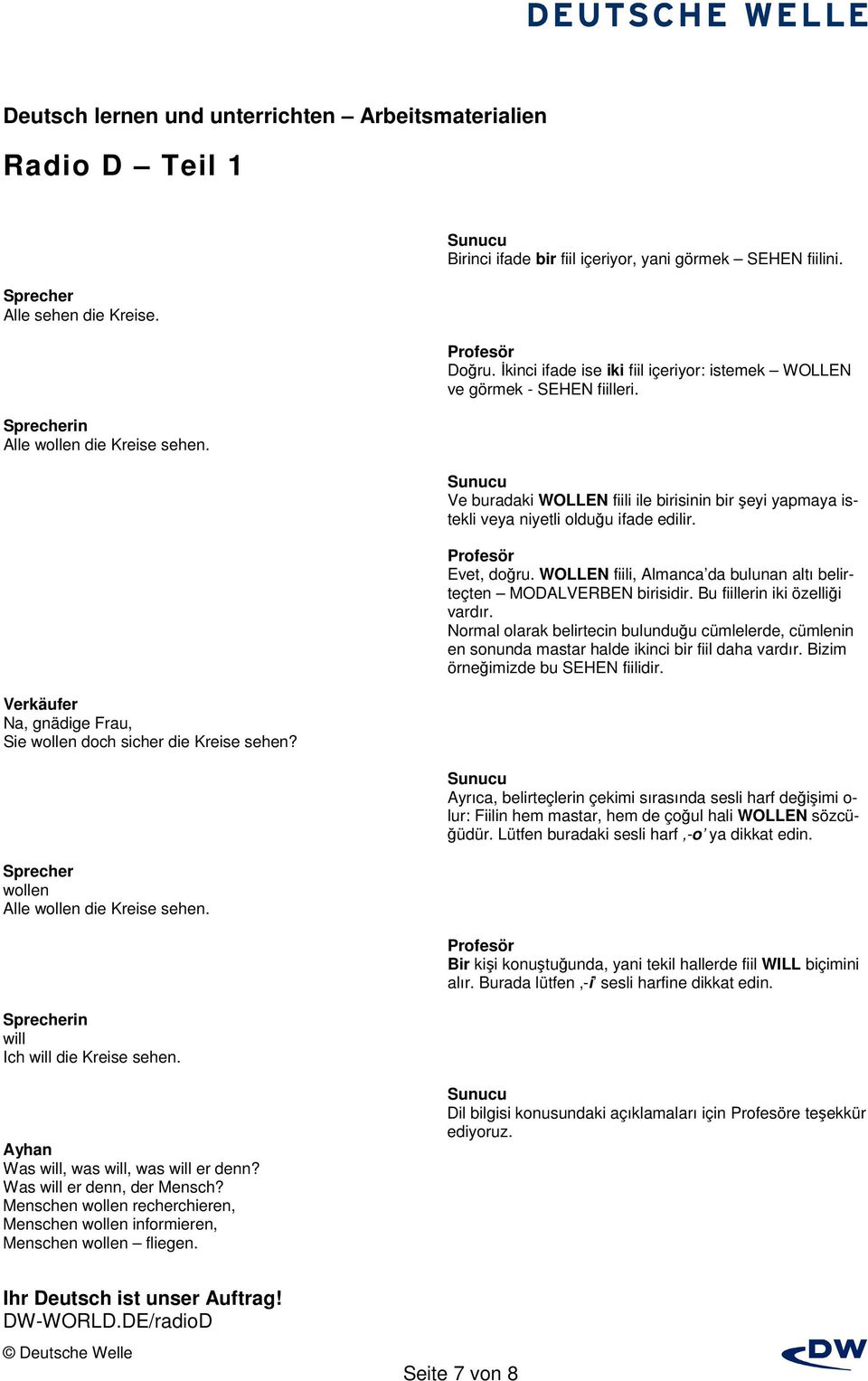 Ve buradaki WOLLEN fiili ile birisinin bir şeyi yapmaya istekli veya niyetli olduğu ifade edilir. Profesör Evet, doğru. WOLLEN fiili, Almanca da bulunan altı belirteçten MODALVERBEN birisidir.