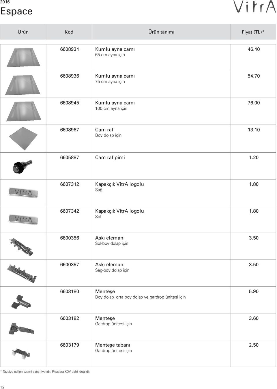 20 6607312 Kapakçık VitrA logolu Sağ 1.80 6607342 Kapakçık VitrA logolu Sol 1.80 6600356 Askı elemanı Sol-boy dolap için 3.