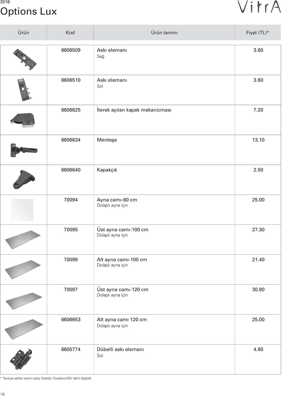 00 70095 Üst ayna camı-100 cm Dolaplı ayna için 27.30 70098 Alt ayna camı-100 cm Dolaplı ayna için 21.