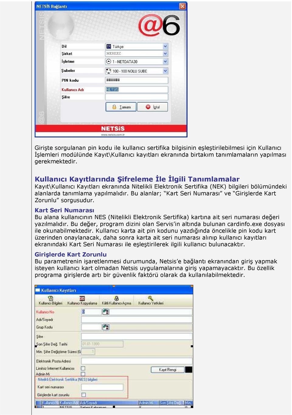 Bu alanlar; Kart Seri Numarası ve Girişlerde Kart Zorunlu sorgusudur. Kart Seri Numarası Bu alana kullanıcının NES (Nitelikli Elektronik Sertifika) kartına ait seri numarası değeri yazılmalıdır.